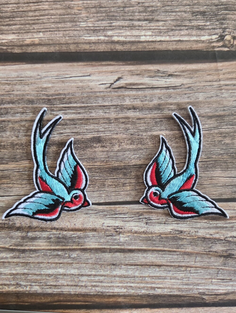 Set Of Two Rockabilly Swallows Tattoo Style Birds Iron On Patches.
